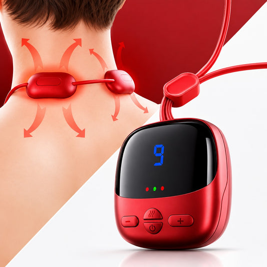 Dispozitivul CerviRelax pe gât, cu afișajul digital și plăcuțele care încălzesc
