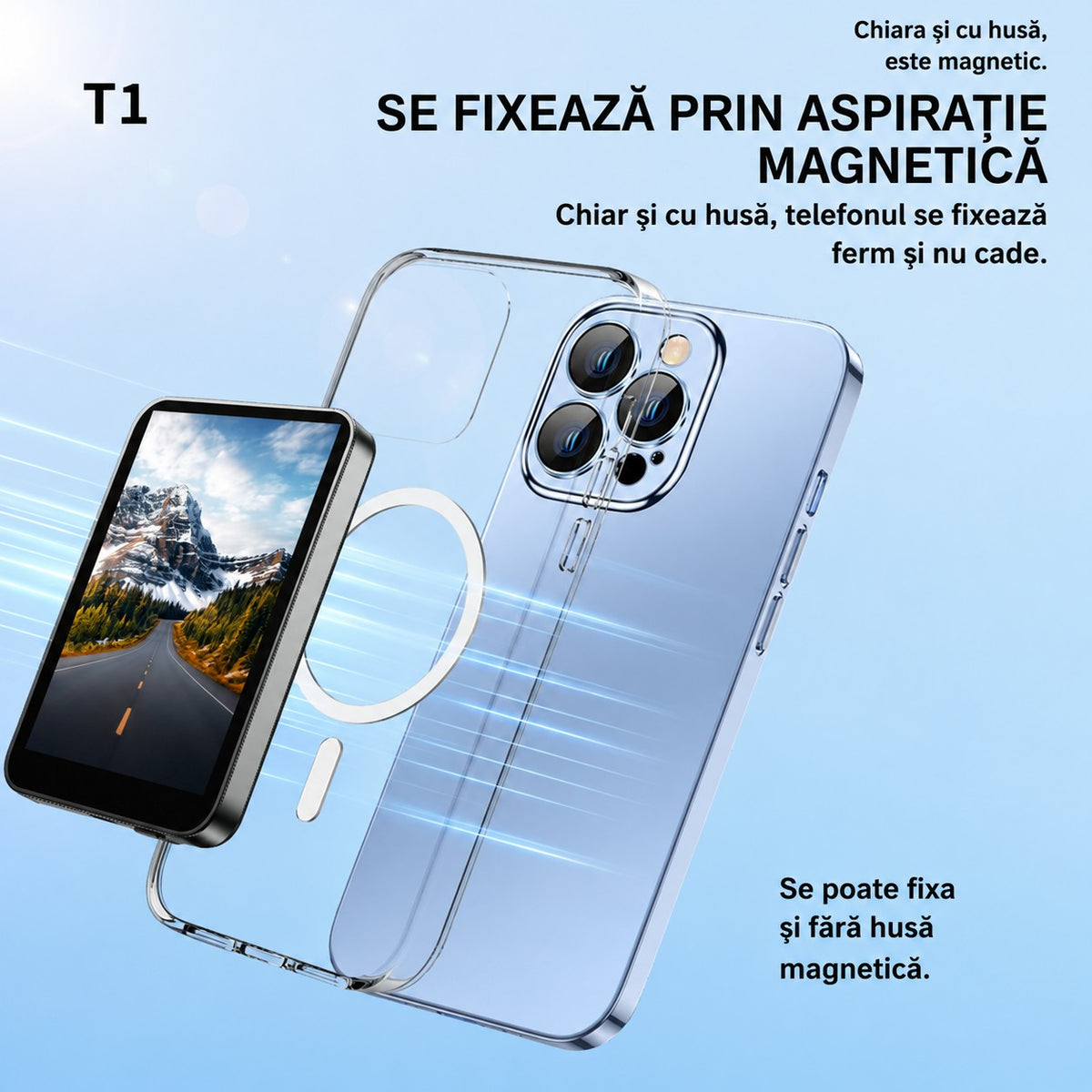 Monitorul se fixează prin aspirație magnetică, chiar și cu husă