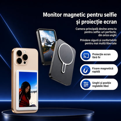 Monitorul magnetic SelfiePro pentru selfie și proiecție ecran, prins pe spatele telefonului