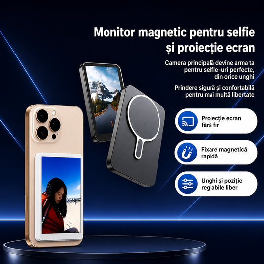 Monitorul magnetic SelfiePro pentru selfie și proiecție ecran, prins pe spatele telefonului