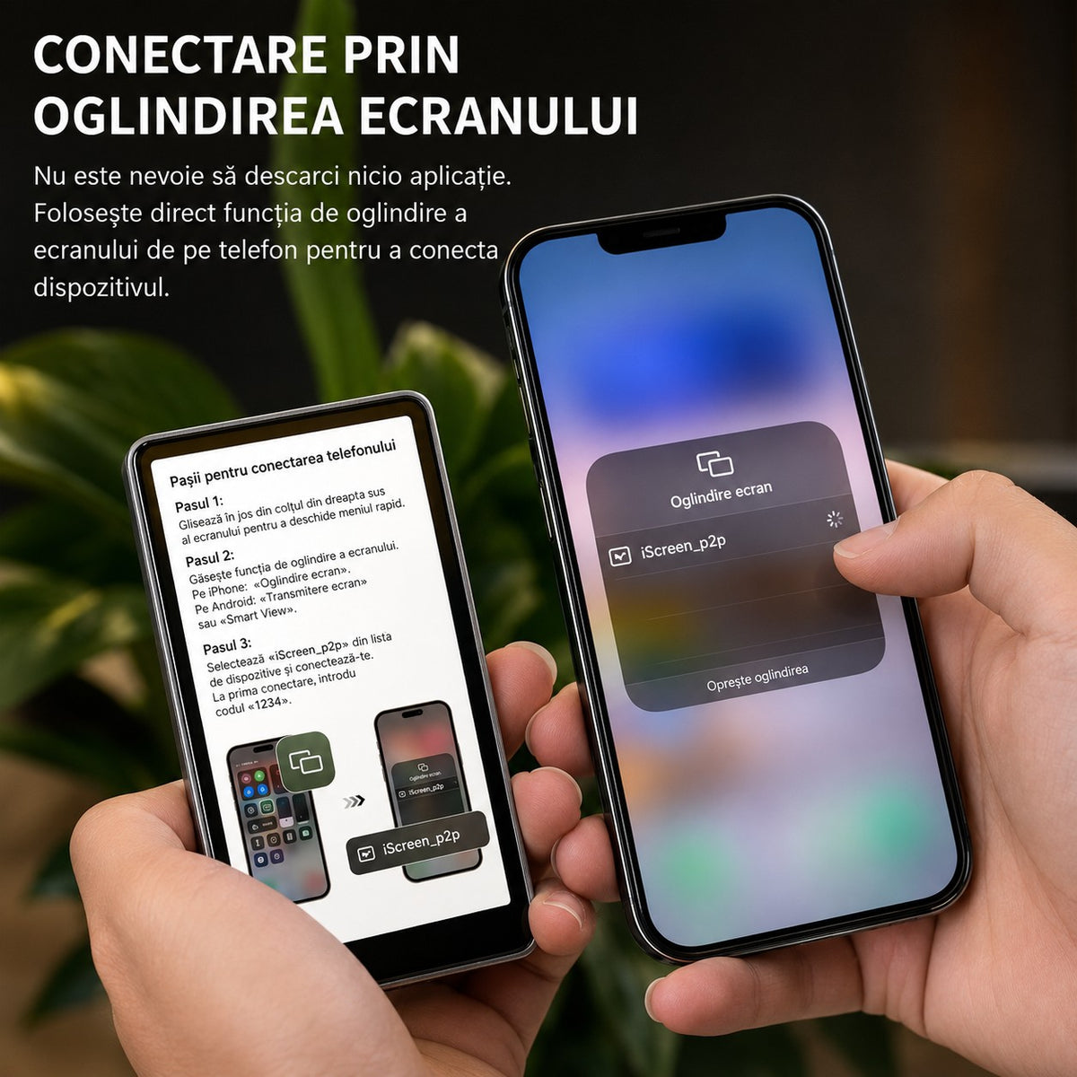 Conectarea la monitor prin oglindirea ecranului telefonului, fără aplicație