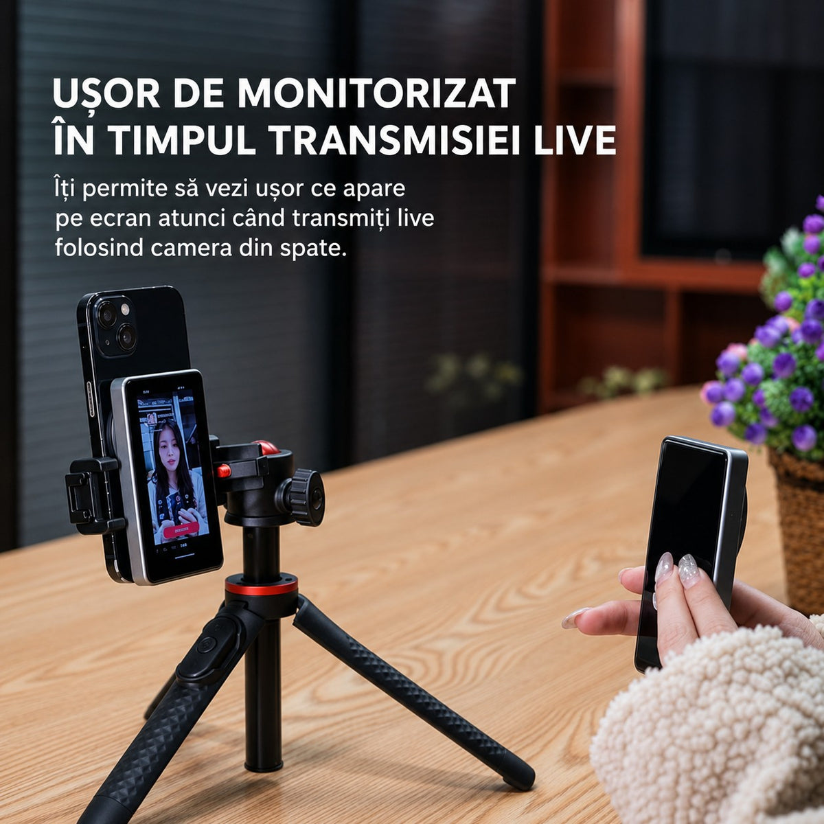 Telefon pe trepied cu monitorul SelfiePro: vezi ecranul când transmiți live cu camera din spate