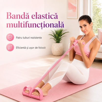 Banda elastică multifuncțională SlimFit folosită pe saltea, cu patru tuburi rezistente