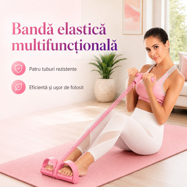 Banda elastică multifuncțională SlimFit folosită pe saltea, cu patru tuburi rezistente